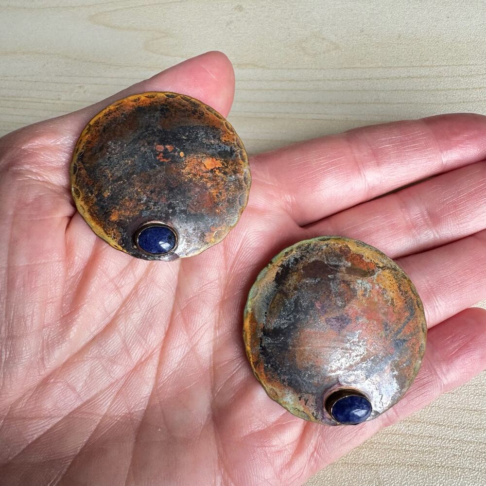 Vintage 90's Rustic Copper & Lapis Dudley Vaccianna Disc Earrings